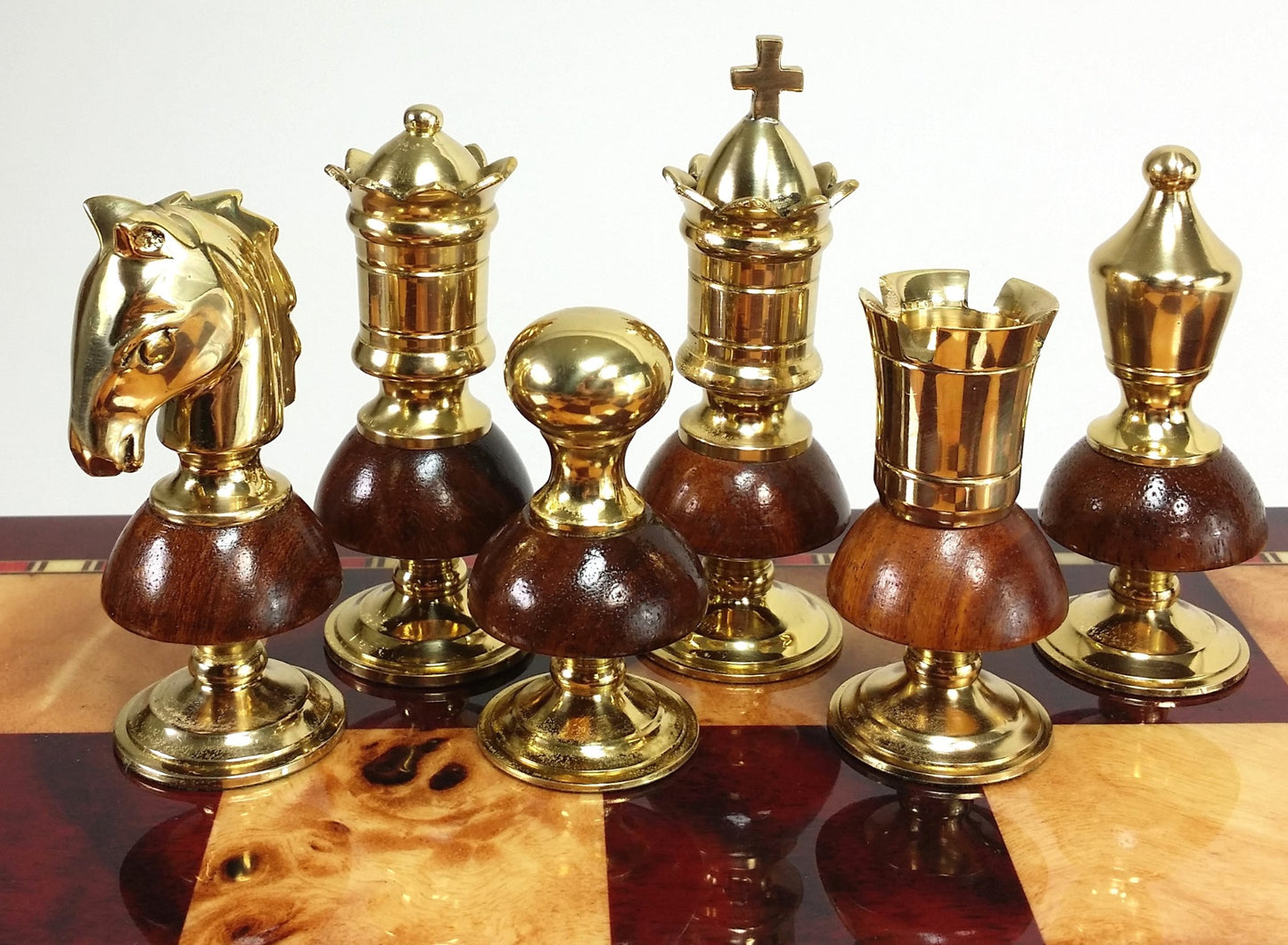 Large BRASS METAL Gold Black Chrome & Wood Royal Staunton Chess Men Set NO BOARD