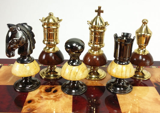 Large BRASS METAL Gold Black Chrome & Wood Royal Staunton Chess Men Set NO BOARD