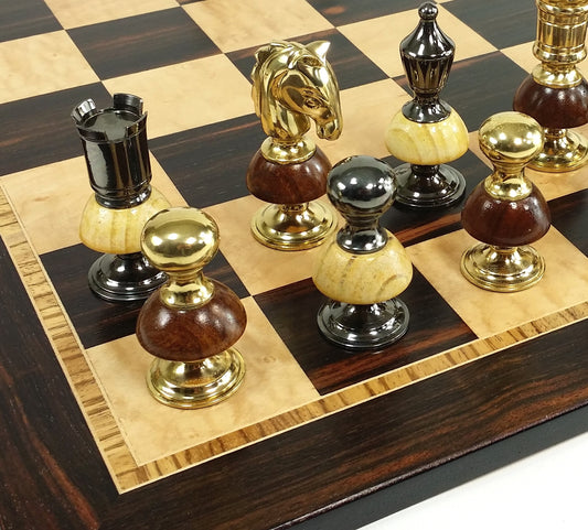 BRASS METAL Gold Black Chrome Royal Staunton Chess Set W Large 20" Ebony Board