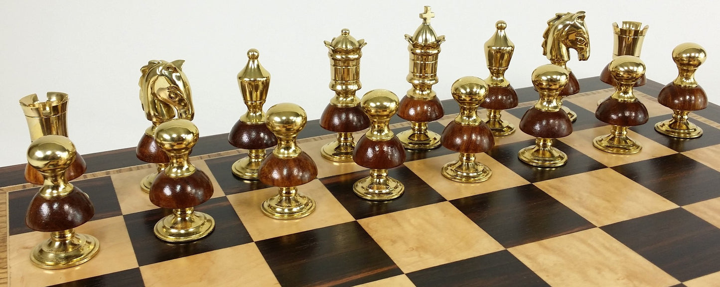 BRASS METAL Gold Black Chrome Royal Staunton Chess Set W Large 20" Ebony Board