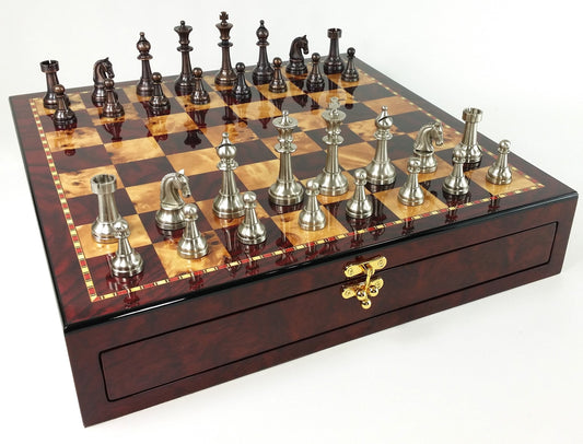 Brass Metal Bronze & Silver Classic Staunton Chess Set Cherry Color Storage Boar