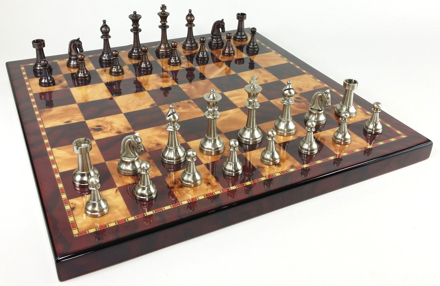 Brass Metal Bronze & Silver Classic Staunton Chess Set W/ 18" Cherry Color Board