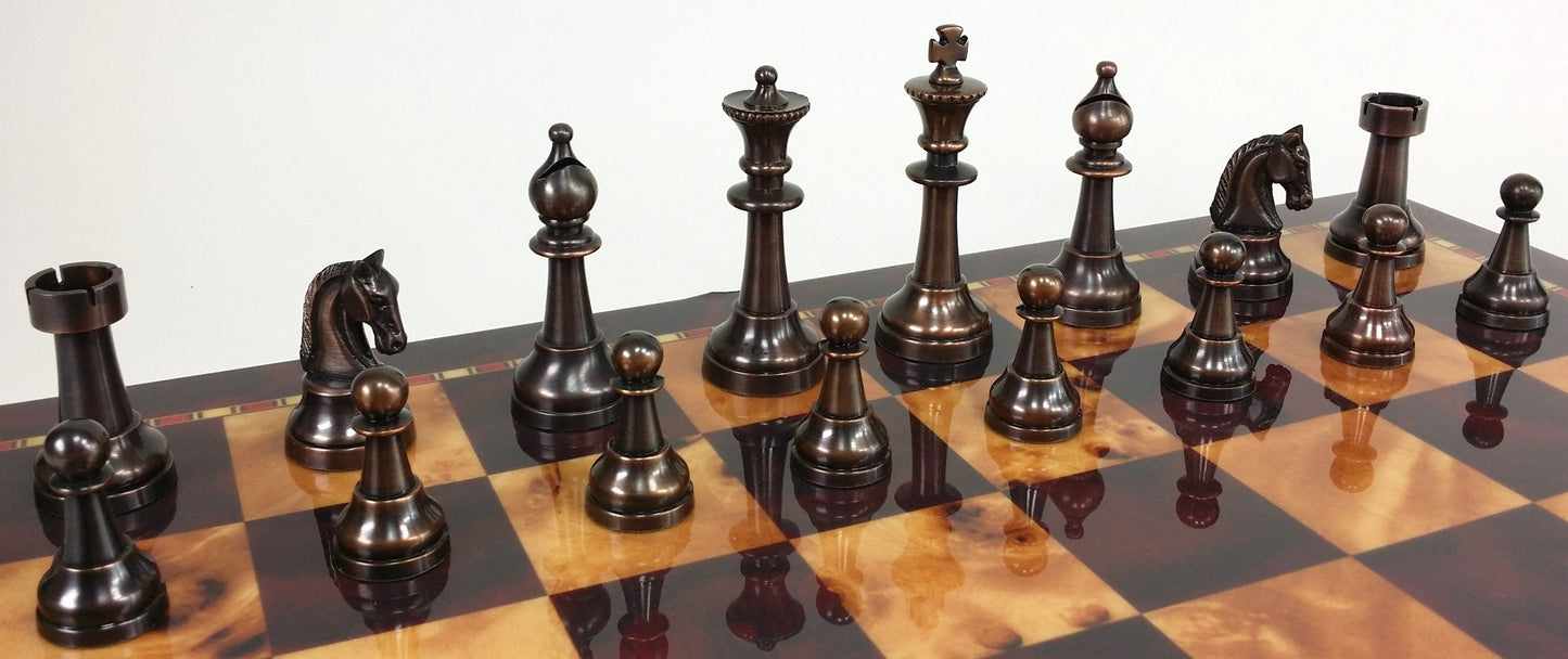 Brass Metal Bronze & Silver Classic Staunton Chess Set W/ 18" Cherry Color Board