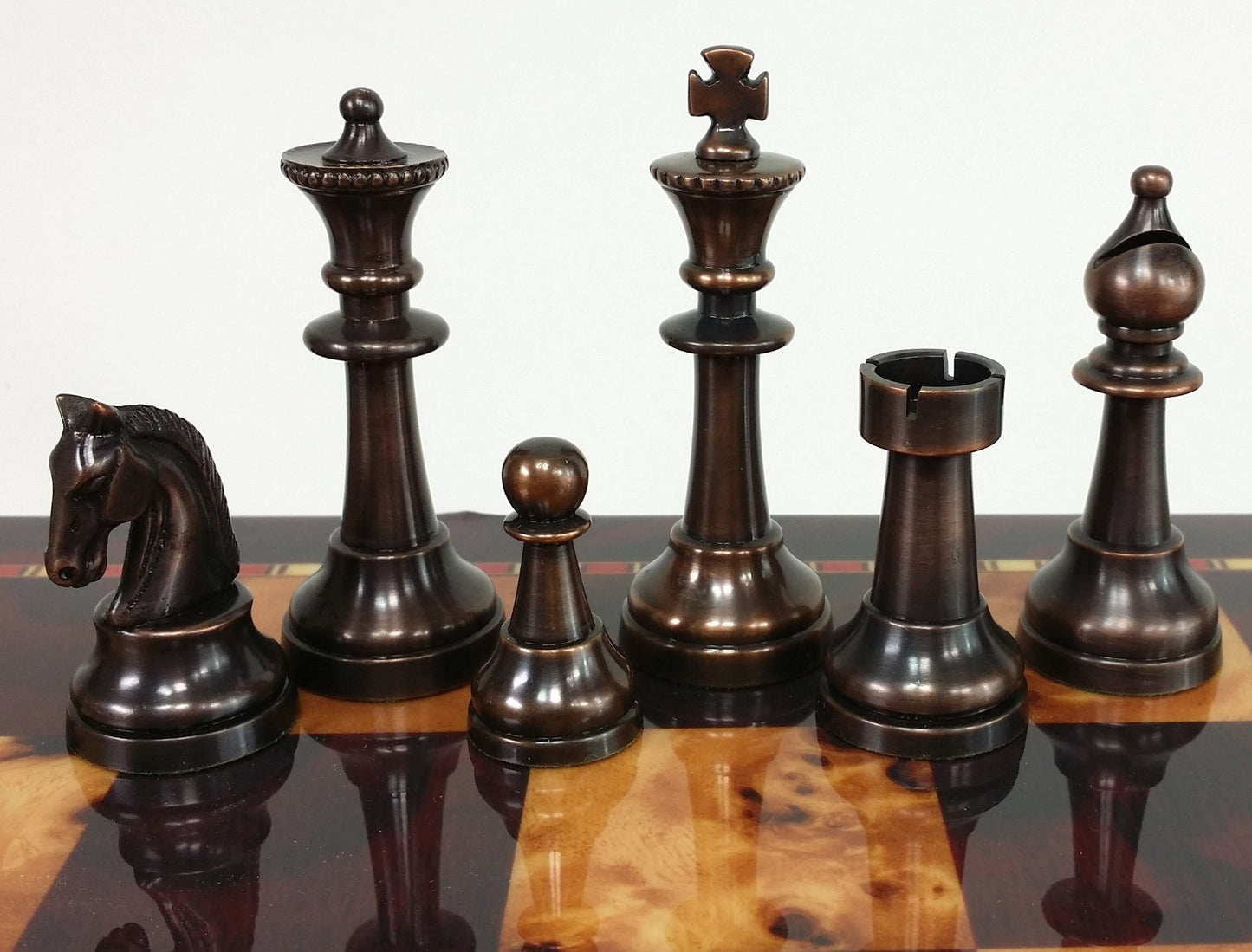 Brass Metal Bronze & Silver Classic Staunton Chess Set W/ 18" Cherry Color Board