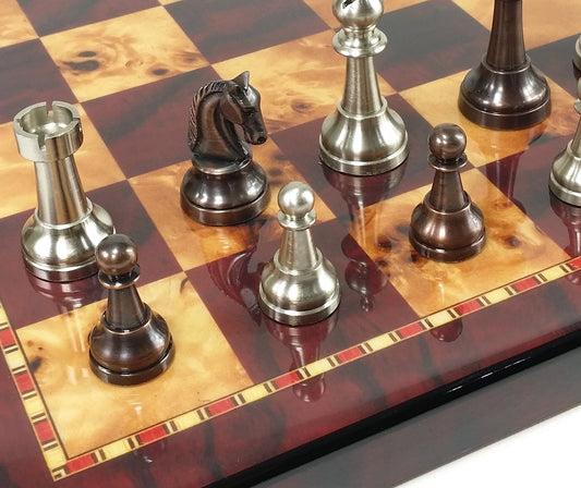 Brass Metal Bronze & Silver Classic Staunton Chess Set W/ 18" Cherry Color Board