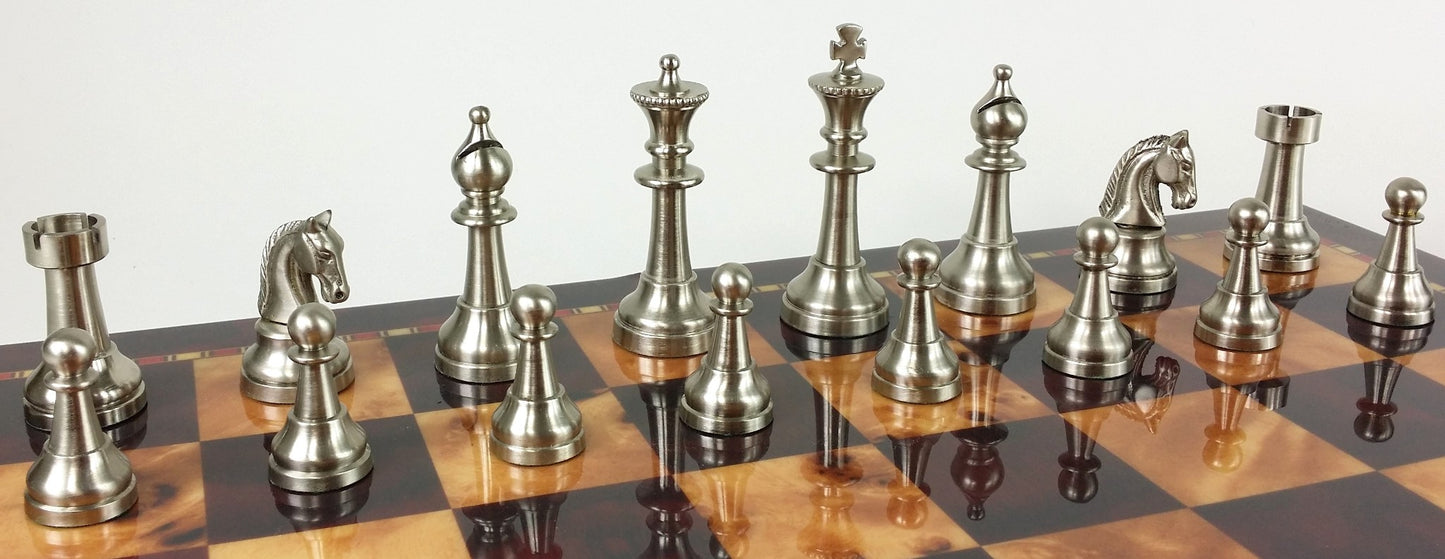 Brass Metal Bronze & Silver Classic Staunton Chess Set W/ 18" Cherry Color Board