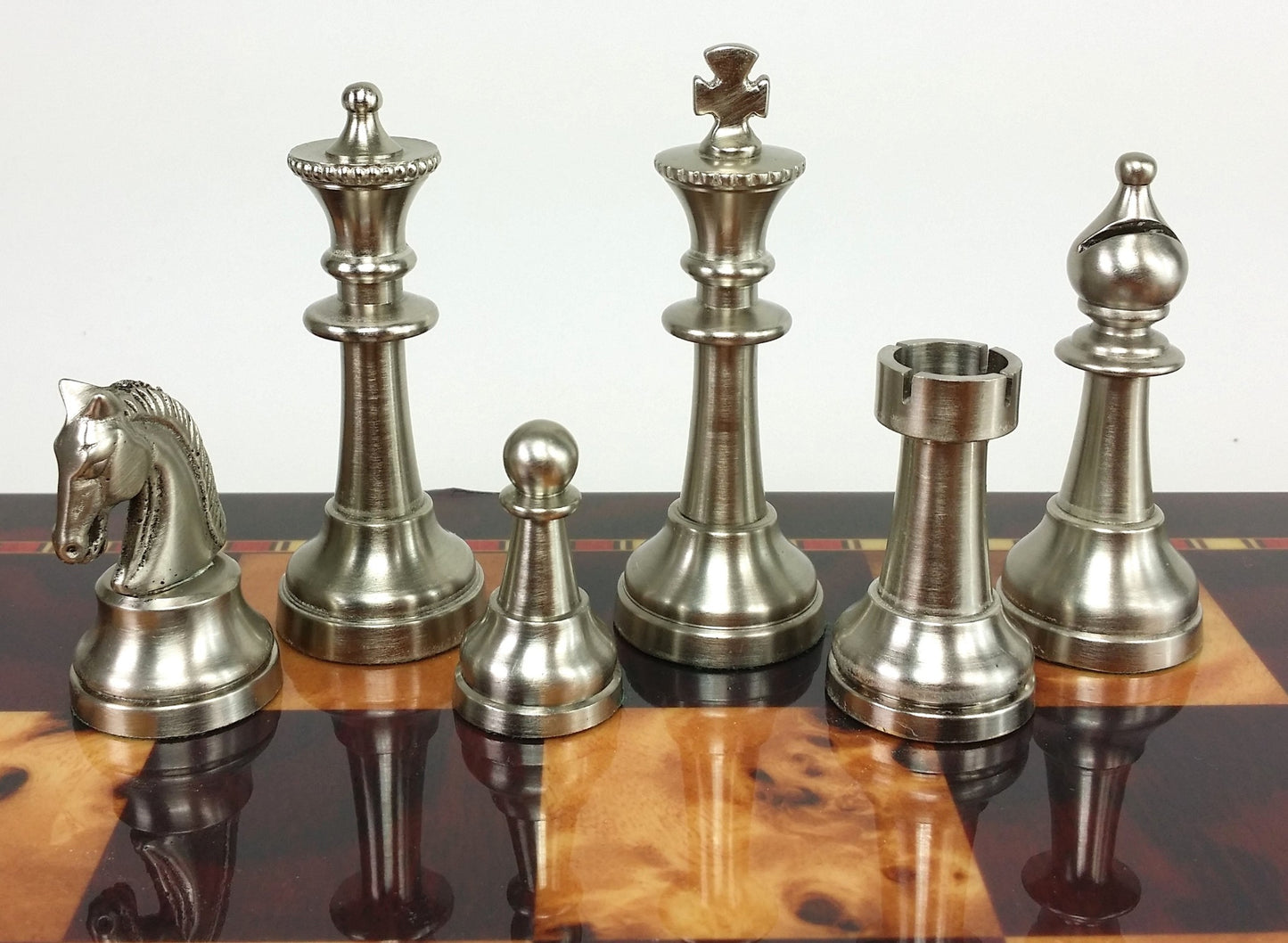 Brass Metal Bronze & Silver Classic Staunton Chess Set W/ 18" Cherry Color Board