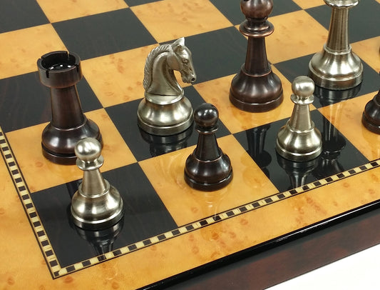 Brass Metal Bronze & Silver Classic Staunton Chess Set W/ 18" Walnut Color Board