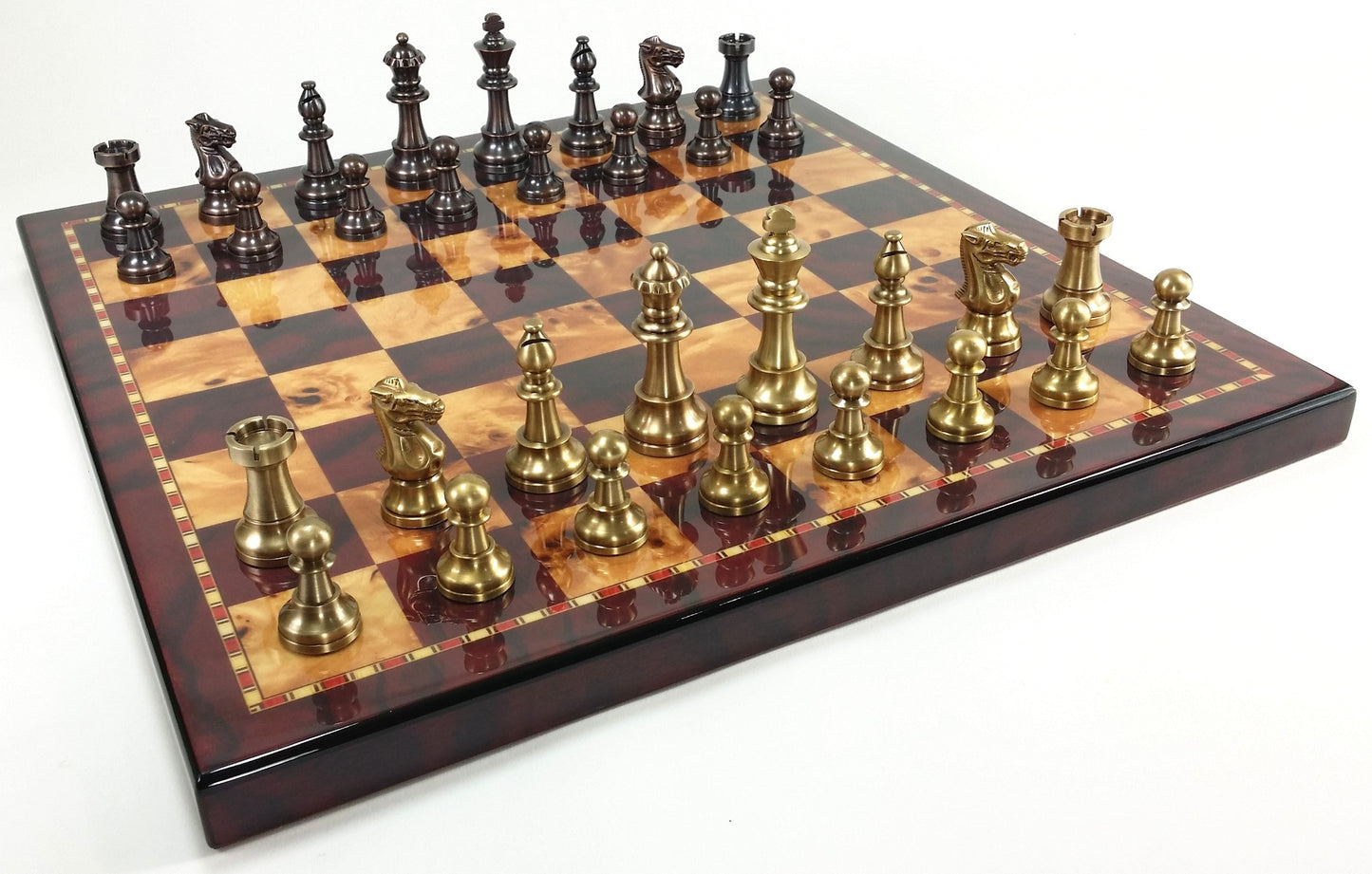 Brass Metal Antique Bronze Color Staunton French Chess Set 18 Cherry Color Board