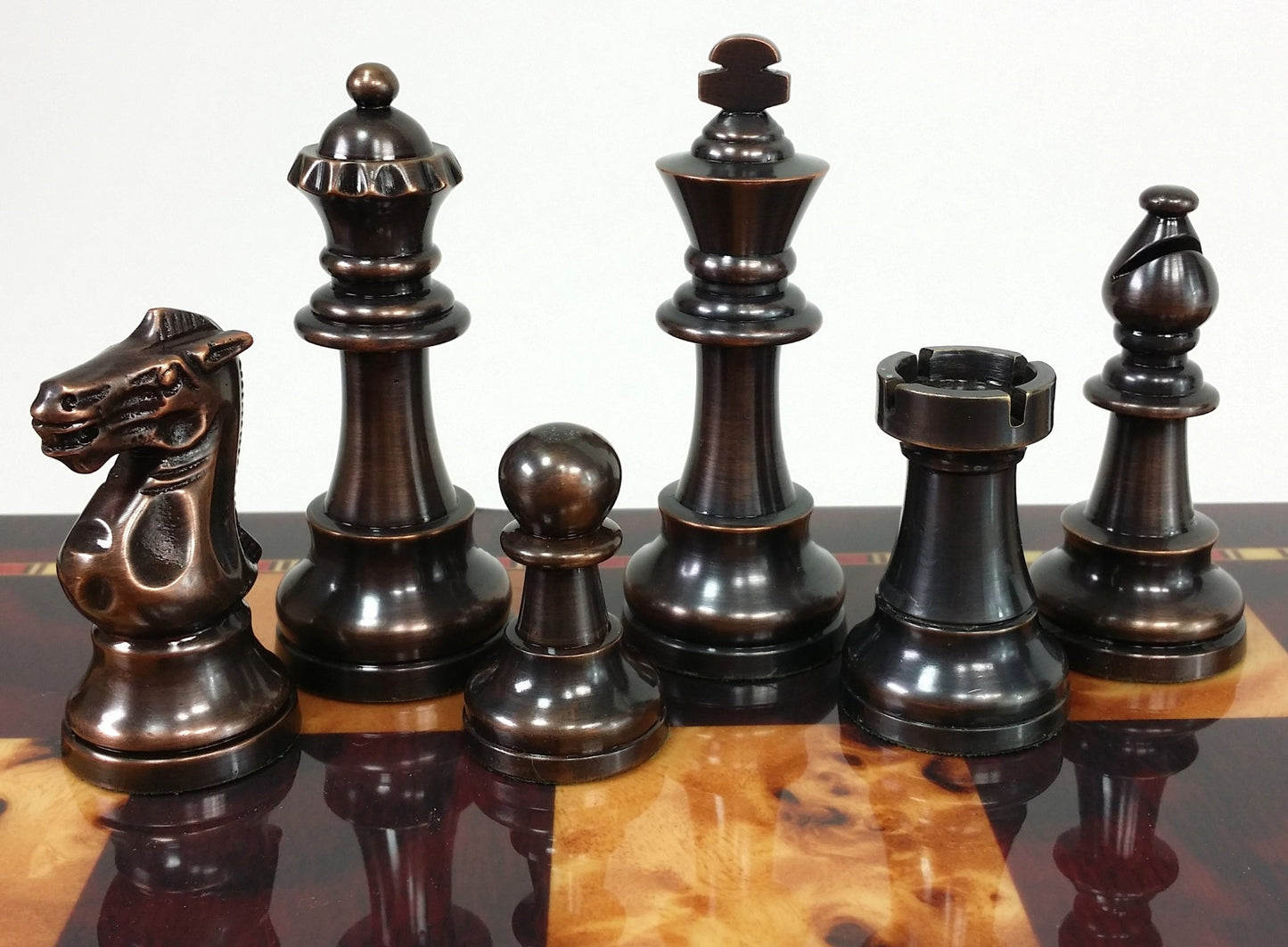 Brass Metal Antique Bronze Color Staunton French Chess Set 18 Cherry Color Board