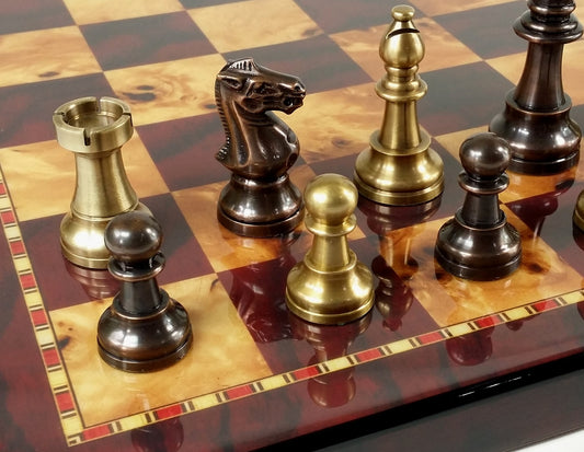 Brass Metal Antique Bronze Color Staunton French Chess Set 18 Cherry Color Board