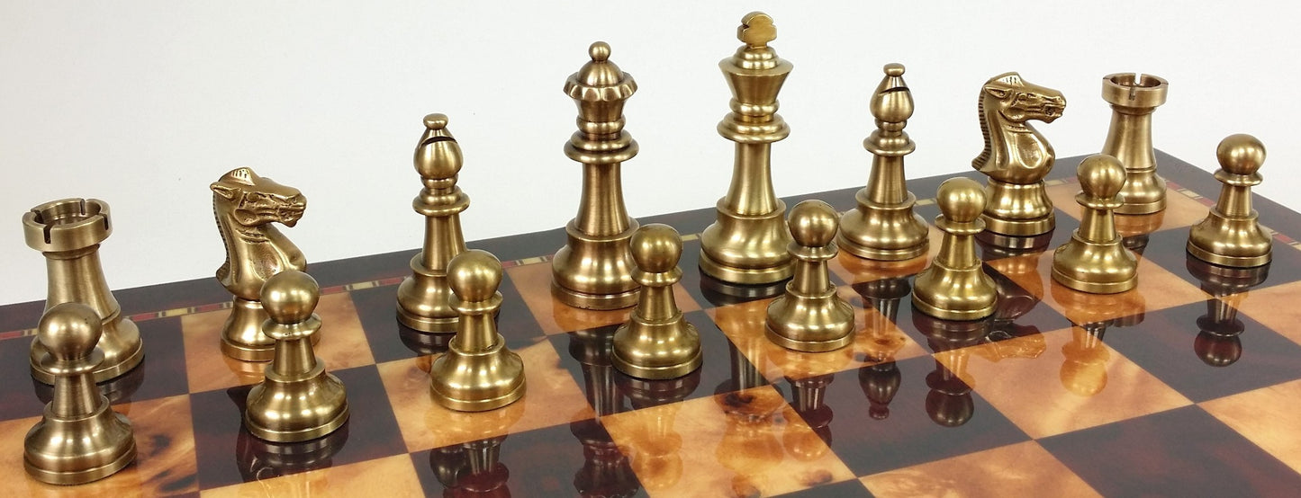 Brass Metal Antique Bronze Color Staunton French Chess Set 18 Cherry Color Board