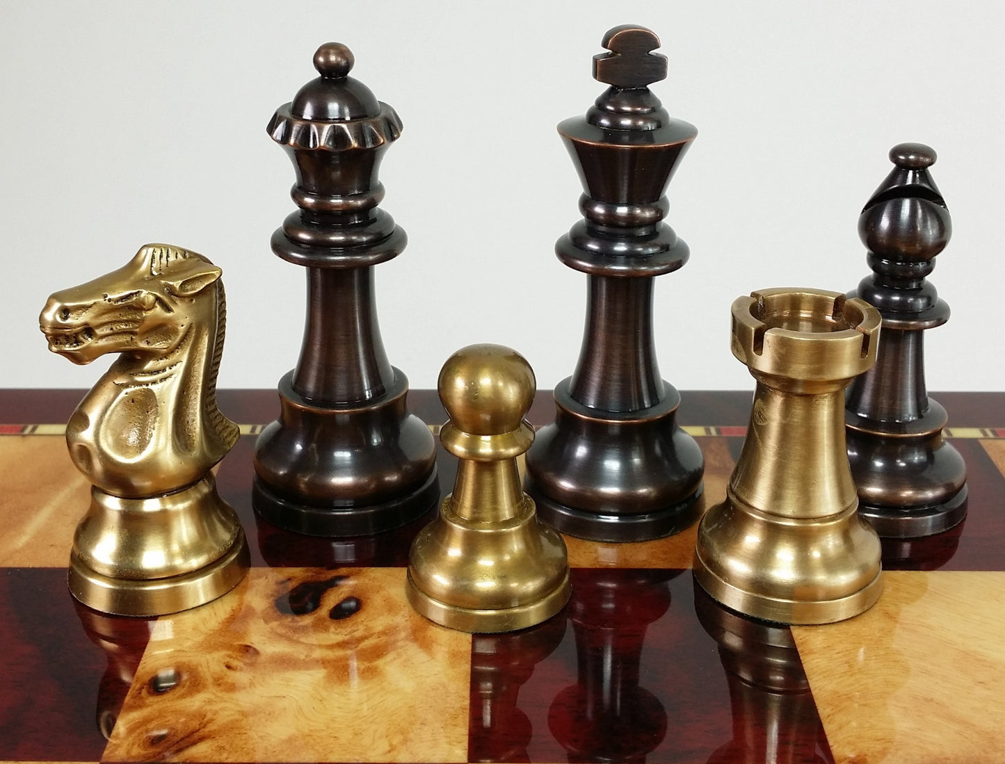 Brass Metal Antique Bronze Color Staunton French Chess Set 18 Cherry Color Board