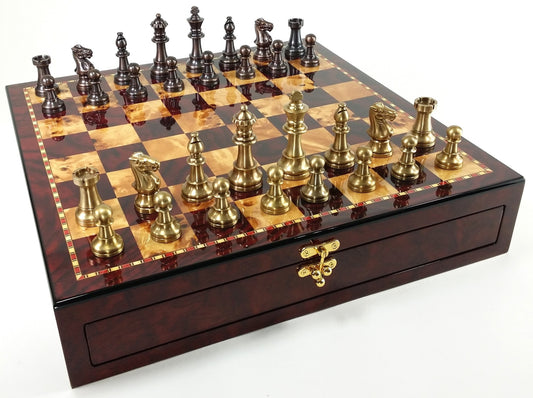 Brass Metal Antique Bronze Color Staunton Chess Set W Cherry Color Storage Board