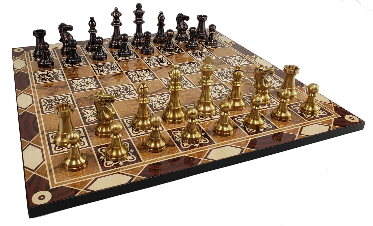 Brass Metal Antique Bronze Staunton French Chess Set 17" Burl wood Color Board