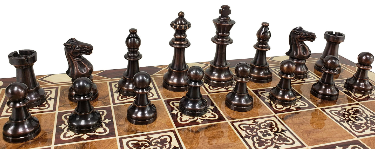 Brass Metal Antique Bronze Staunton French Chess Set 17" Burl wood Color Board