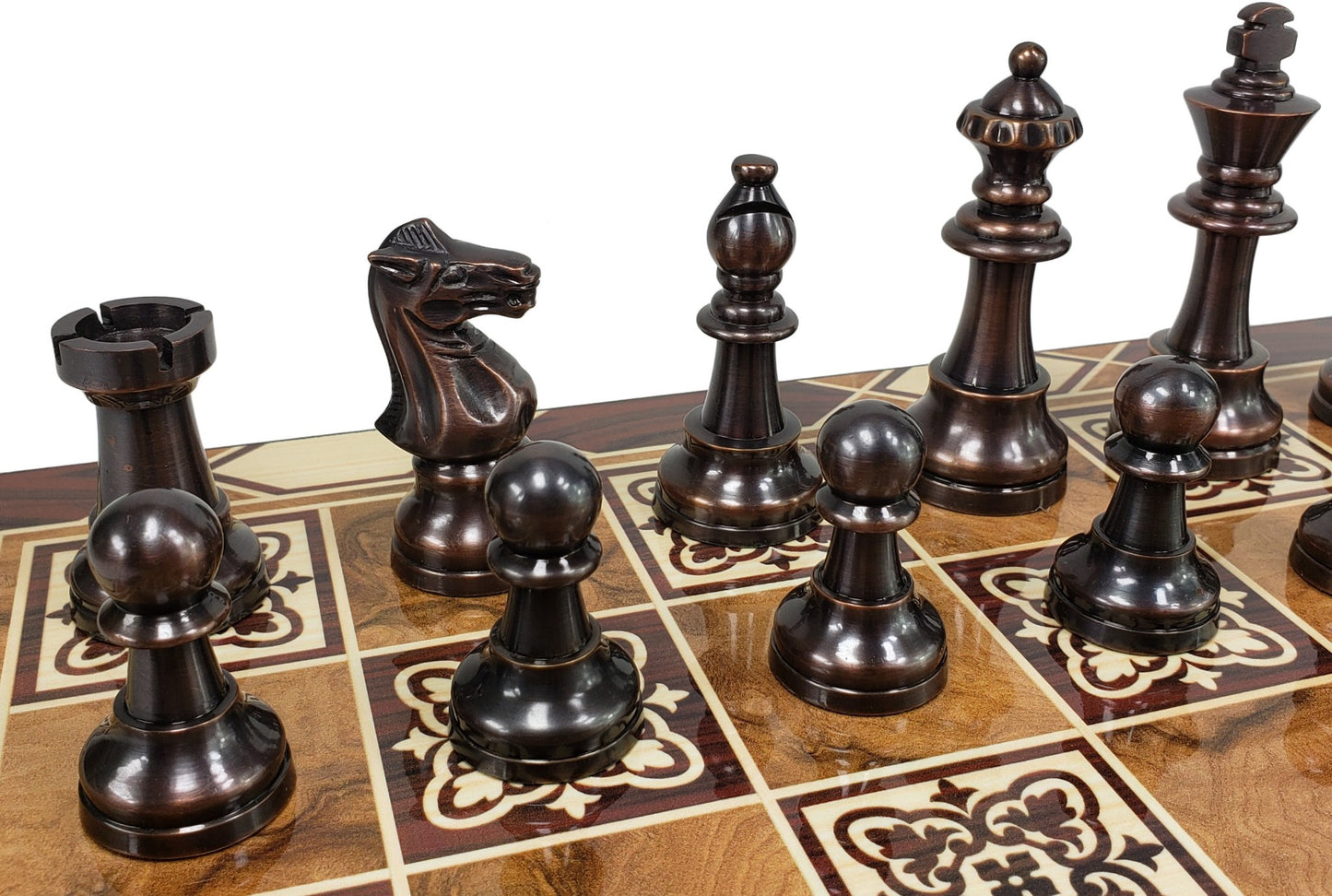 Brass Metal Antique Bronze Staunton French Chess Set 17" Burl wood Color Board