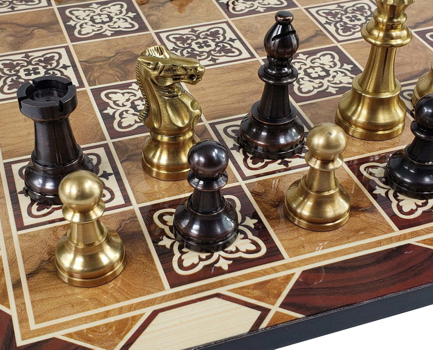 Brass Metal Antique Bronze Staunton French Chess Set 17" Burl wood Color Board