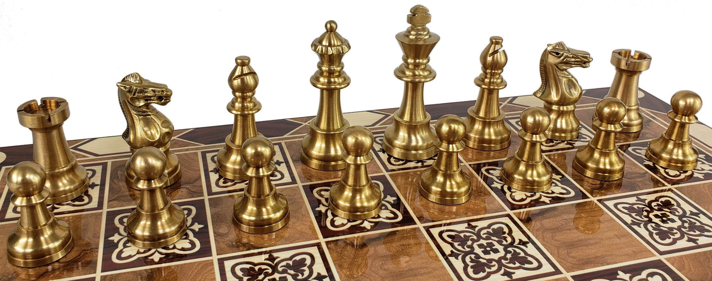 Brass Metal Antique Bronze Staunton French Chess Set 17" Burl wood Color Board