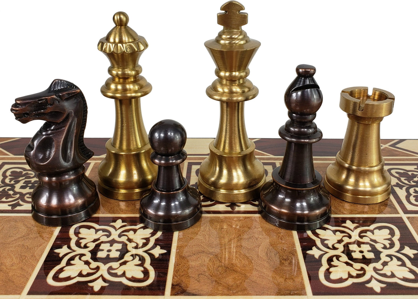 Brass Metal Antique Bronze Staunton French Chess Set 17" Burl wood Color Board