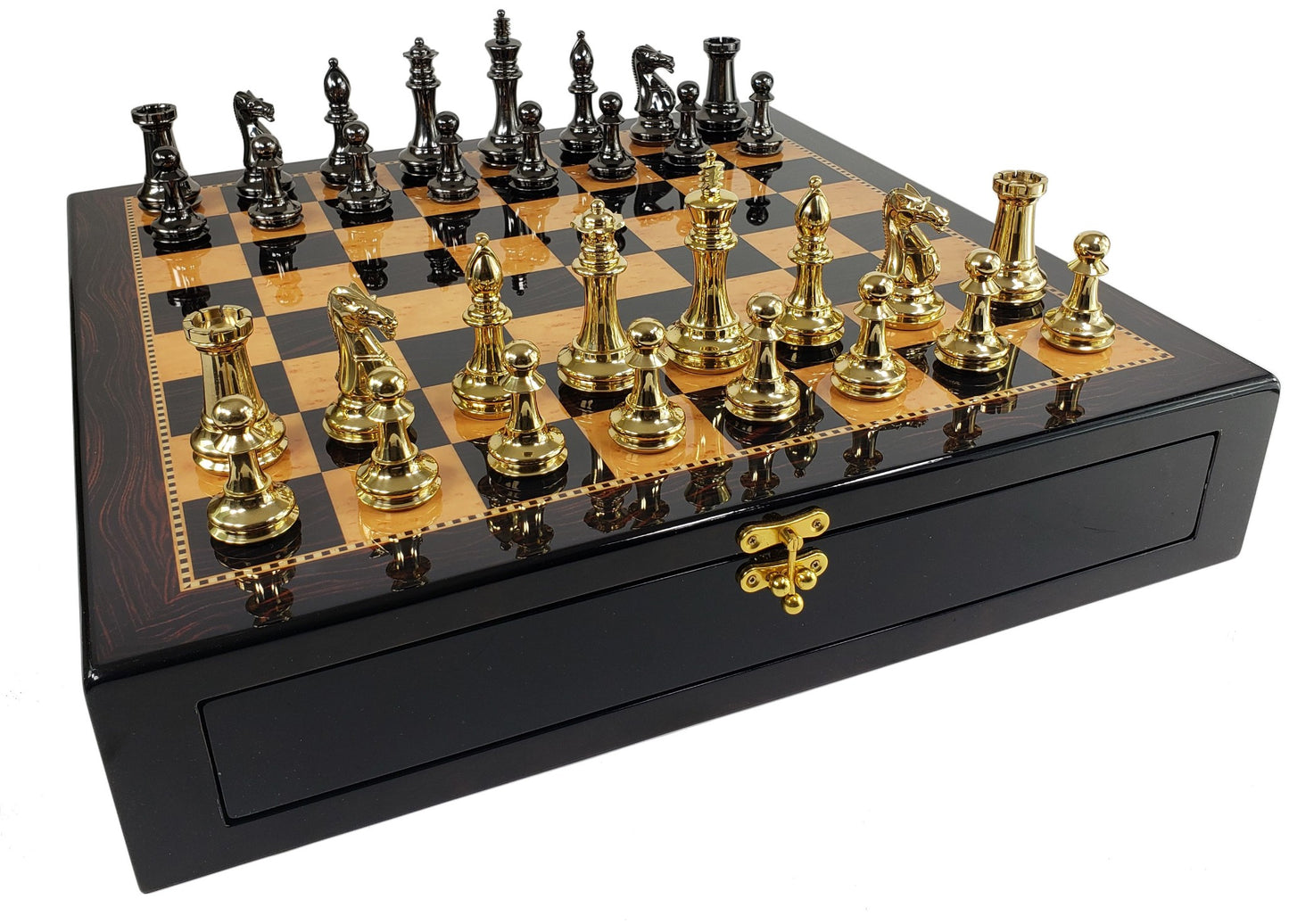 Brass Black Gold Staunton Exclusive Chess Set Lrg 20" Walnut Color Storage Board