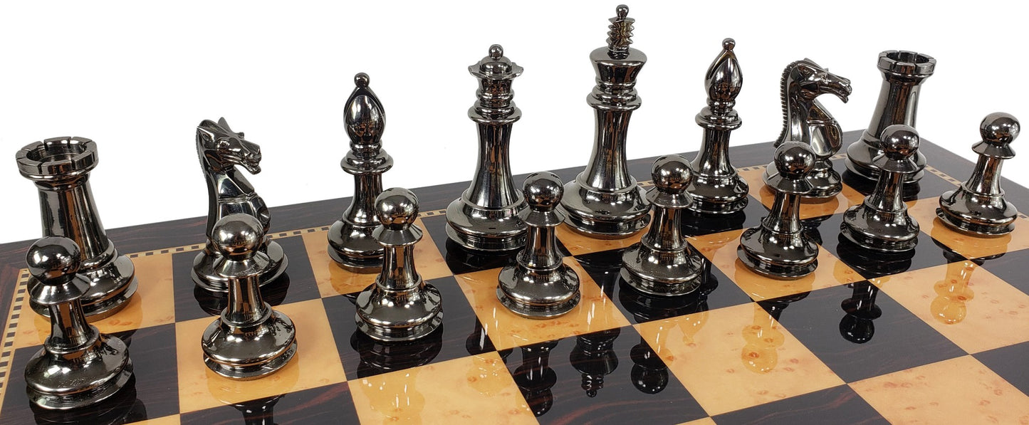 Brass Black Gold Staunton Exclusive Chess Set Lrg 20" Walnut Color Storage Board