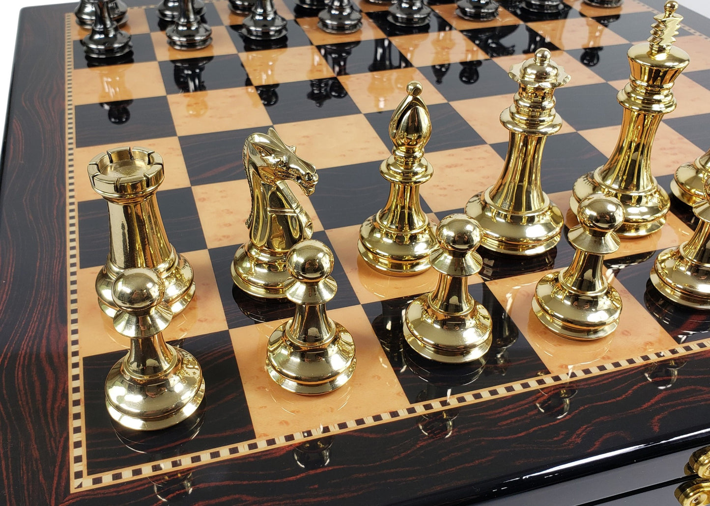 Brass Black Gold Staunton Exclusive Chess Set Lrg 20" Walnut Color Storage Board