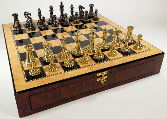 BRASS Black Gold Staunton Exclusive Chess Set Lrg 20" Walnut Color Storage Board
