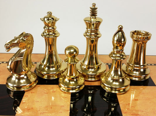 Real Brass Metal Black & Gold Staunton 4" King Exclusive Chess Men Set -NO Board