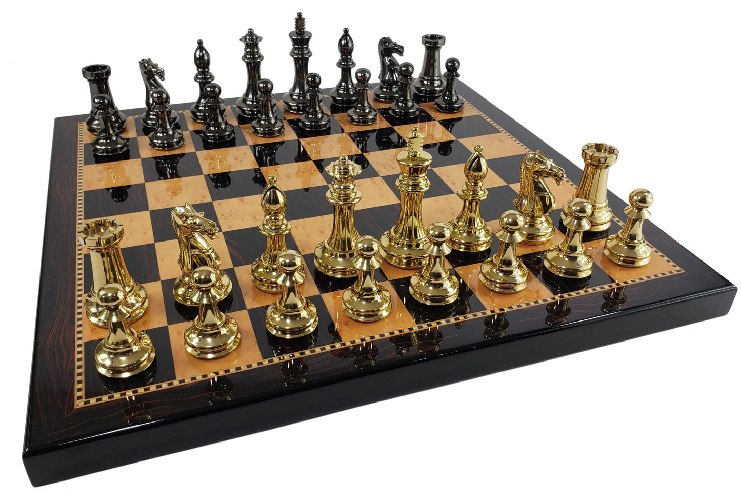 Brass Metal Black Gold Staunton Exclusive Chess Set 18" Dark Walnut Color Board