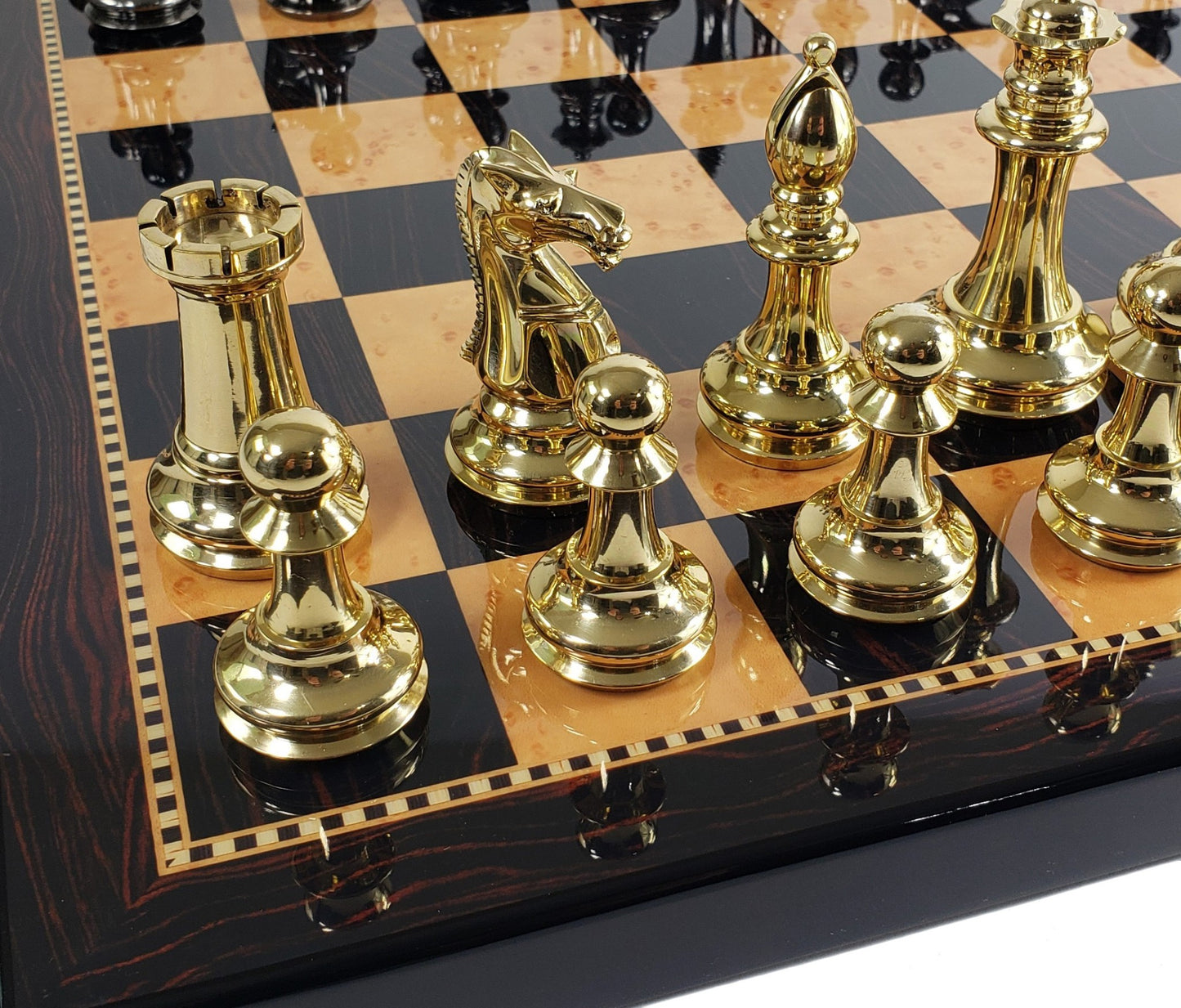 Brass Metal Black Gold Staunton Exclusive Chess Set 18" Dark Walnut Color Board