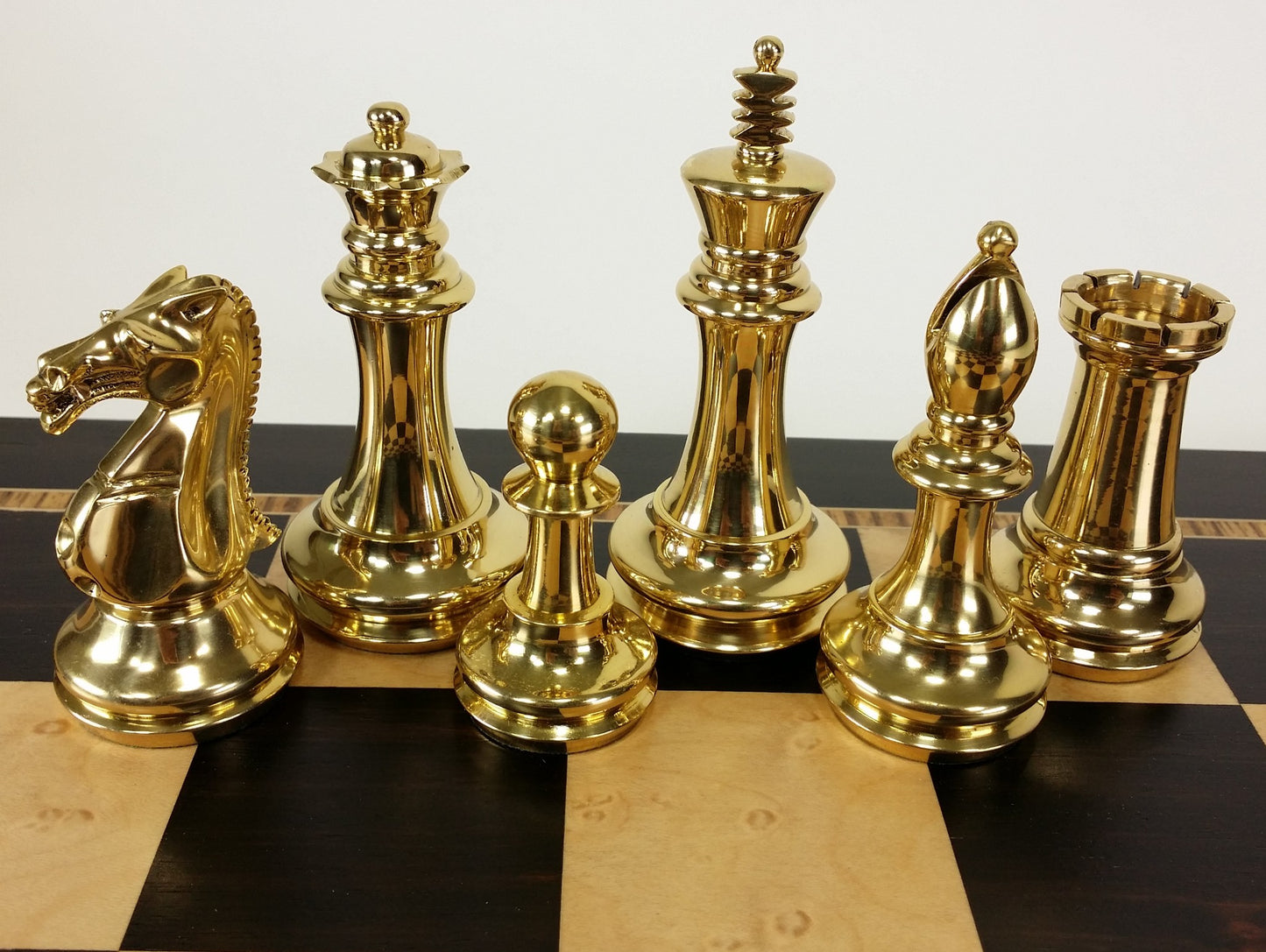 Brass Black Gold Staunton Exclusive Chess Set Lrg 20" Ebony Birdseye Maple Board