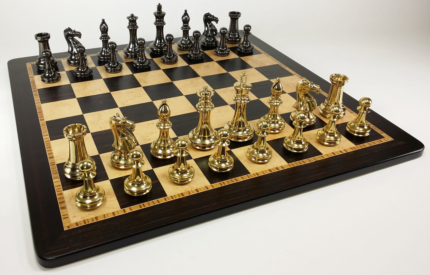 Brass Black Gold Staunton Exclusive Chess Set Lrg 20" Ebony Birdseye Maple Board