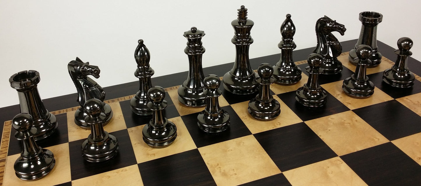 Brass Black Gold Staunton Exclusive Chess Set Lrg 20" Ebony Birdseye Maple Board