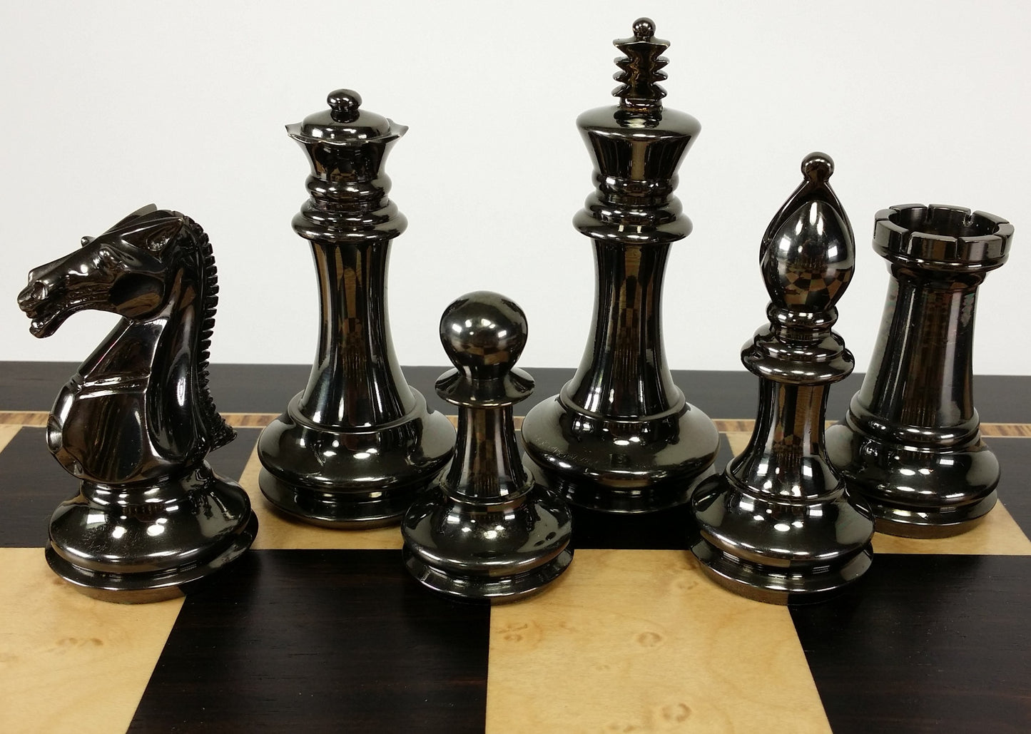 Brass Black Gold Staunton Exclusive Chess Set Lrg 20" Ebony Birdseye Maple Board