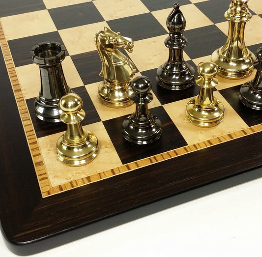 Brass Black Gold Staunton Exclusive Chess Set Lrg 20" Ebony Birdseye Maple Board