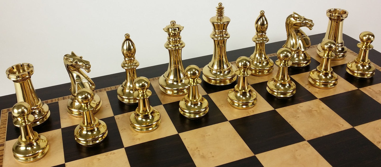 Brass Black Gold Staunton Exclusive Chess Set Lrg 20" Ebony Birdseye Maple Board