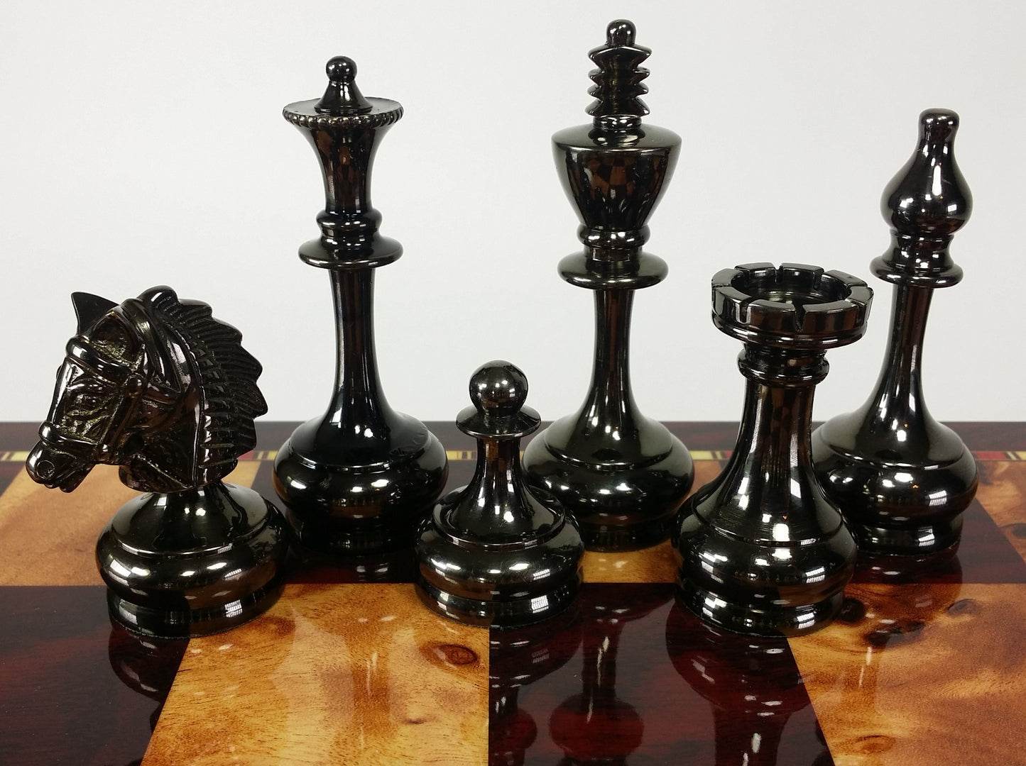 Real Brass Metal Black Gold Staunton Bridled Knight Chess Set Cherry Color Board