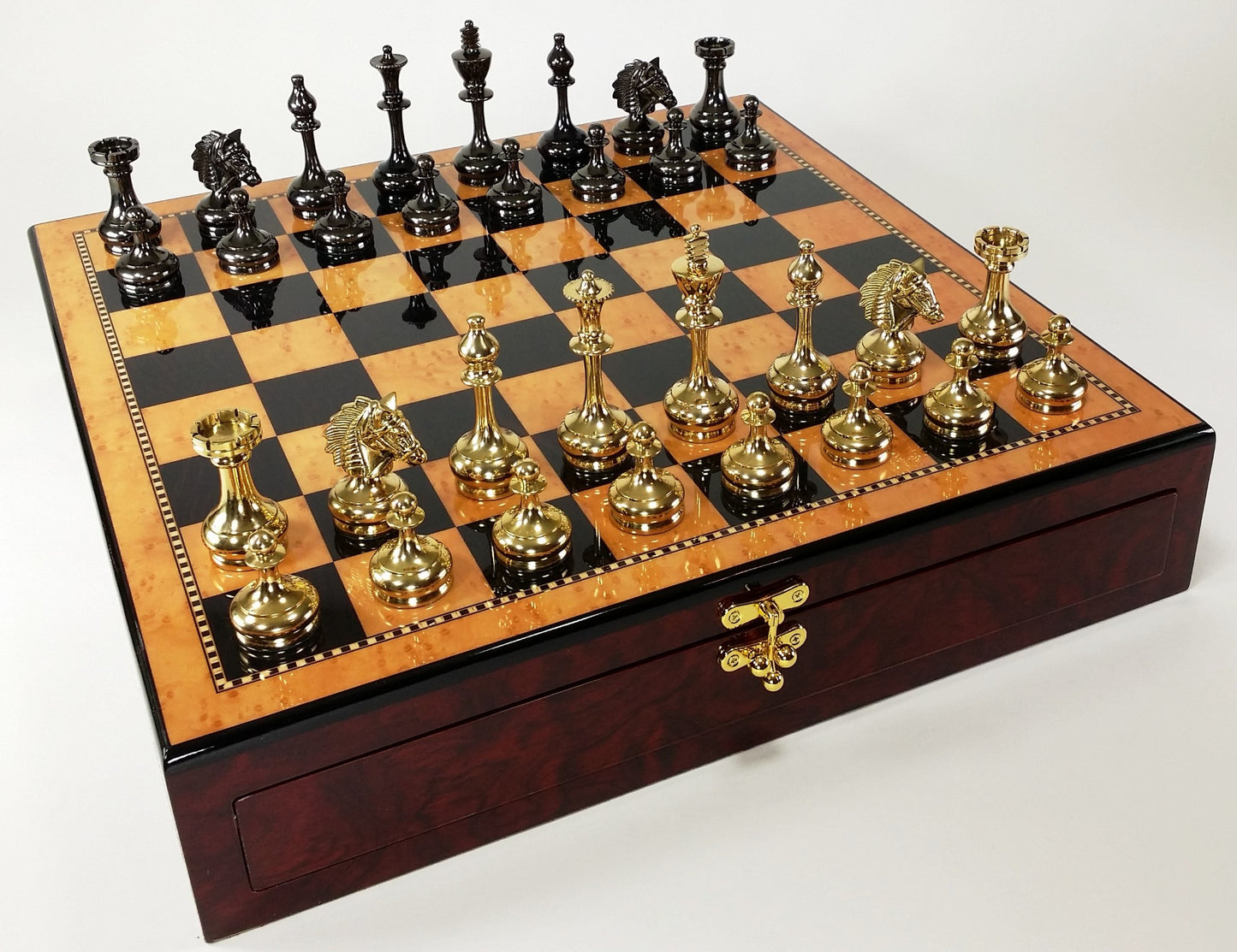 Brass Black Gold Staunton Bridled Knight Chess Set W/ Walnut Color Storage Board