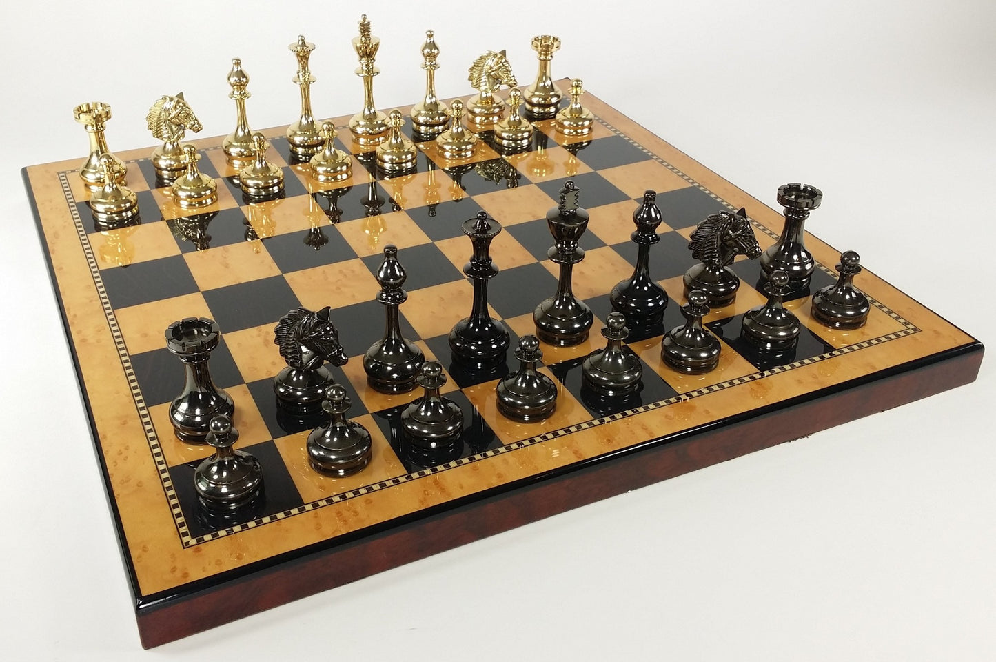 Real Brass Metal Black Gold Staunton Bridled Knight Chess Set Walnut Color Board