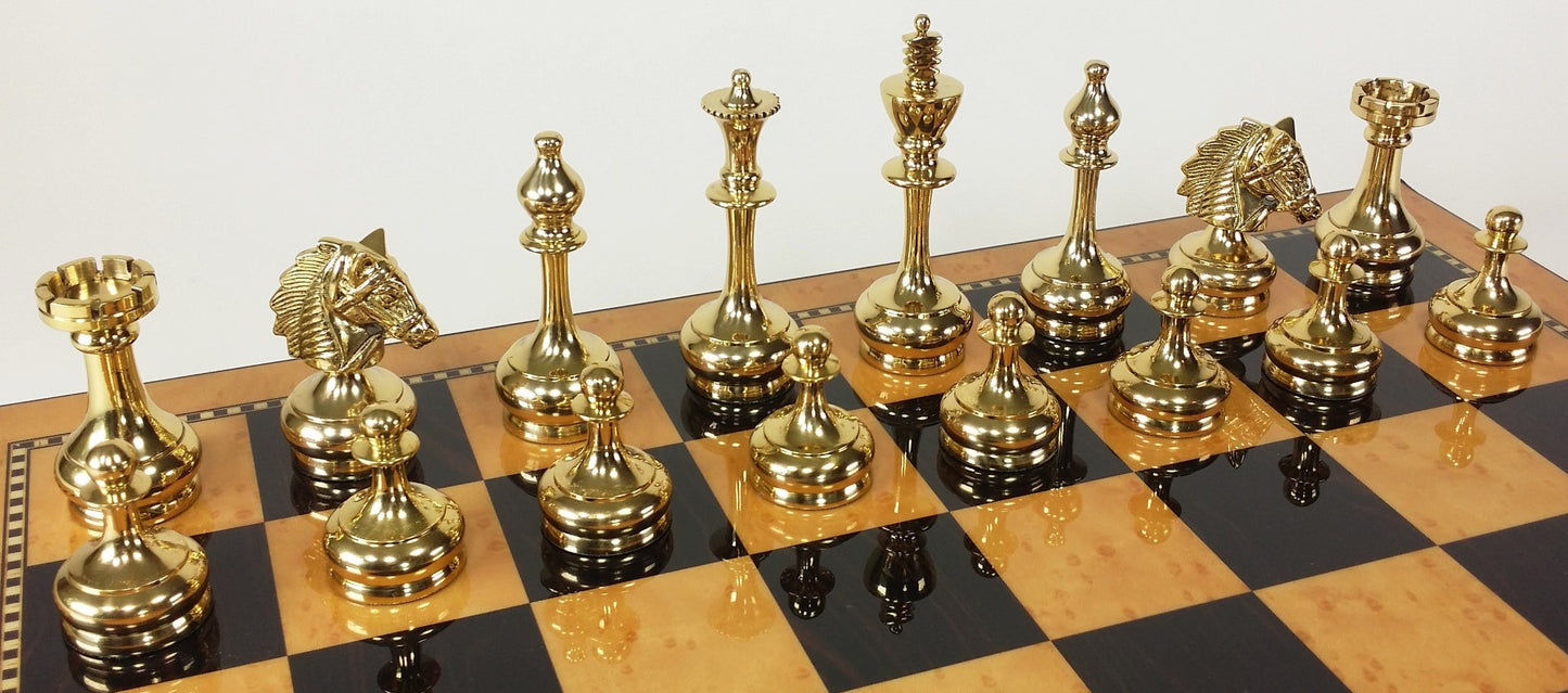 Brass Black Gold Staunton Bridled Knight Chess Set W/ Walnut Color Storage Board