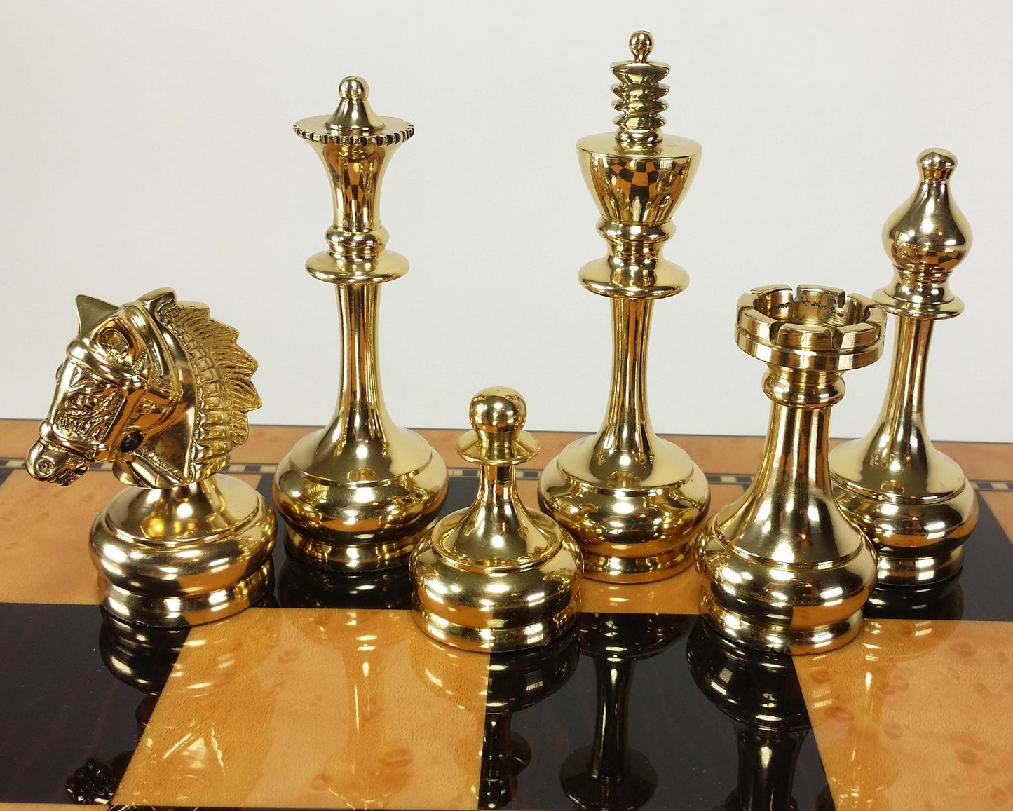 Brass Black Gold Staunton Bridled Knight Chess Set W/ Walnut Color Storage Board