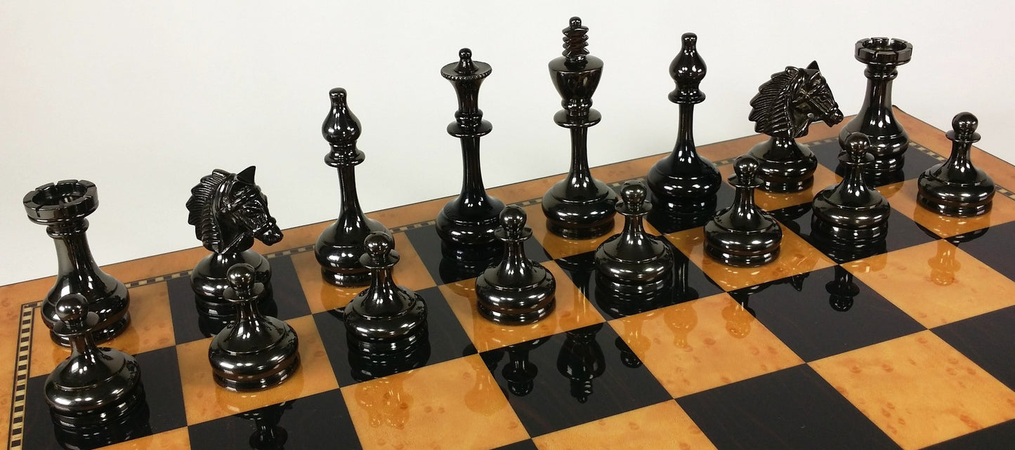 Brass Black Gold Staunton Bridled Knight Chess Set W/ Walnut Color Storage Board