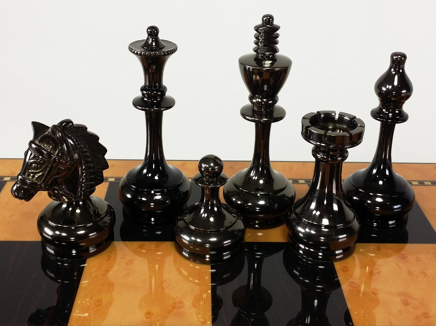 Brass Black Gold Staunton Bridled Knight Chess Set W/ Walnut Color Storage Board