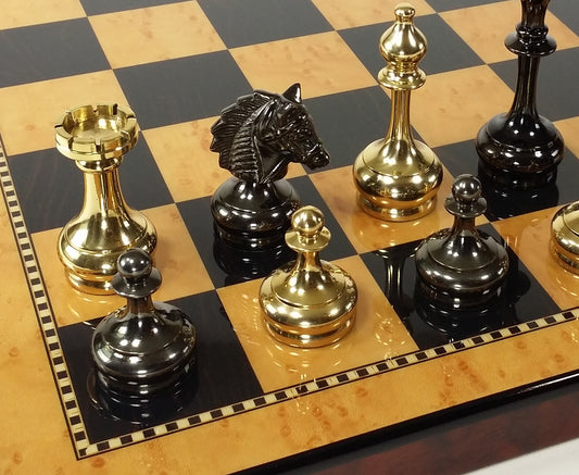 Real Brass Metal Black Gold Staunton Bridled Knight Chess Set Walnut Color Board