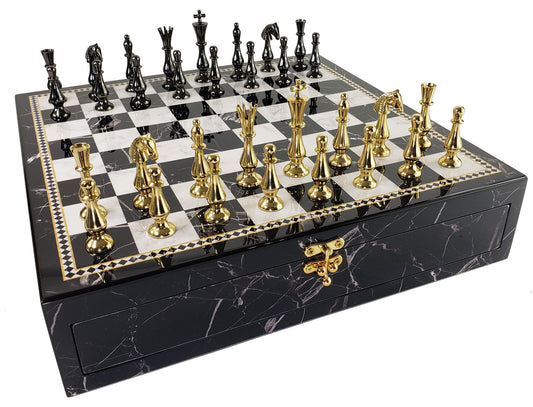 Brass Metal Spiked Qn Staunton Chess Set w/ 17" Black Faux Marble Storage Board