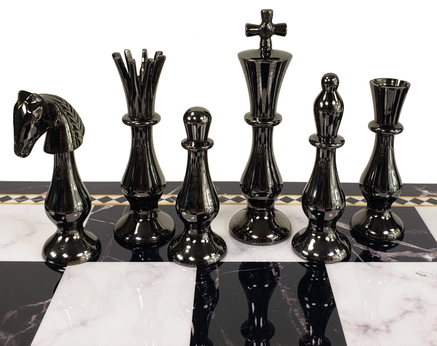 Brass Metal Spiked Qn Staunton Chess Set w/ 17" Black Faux Marble Storage Board