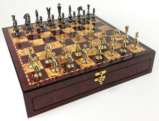 BRASS METAL Spike Qn Staunton Chess Set Gold & Black Cherry Color Storage Board