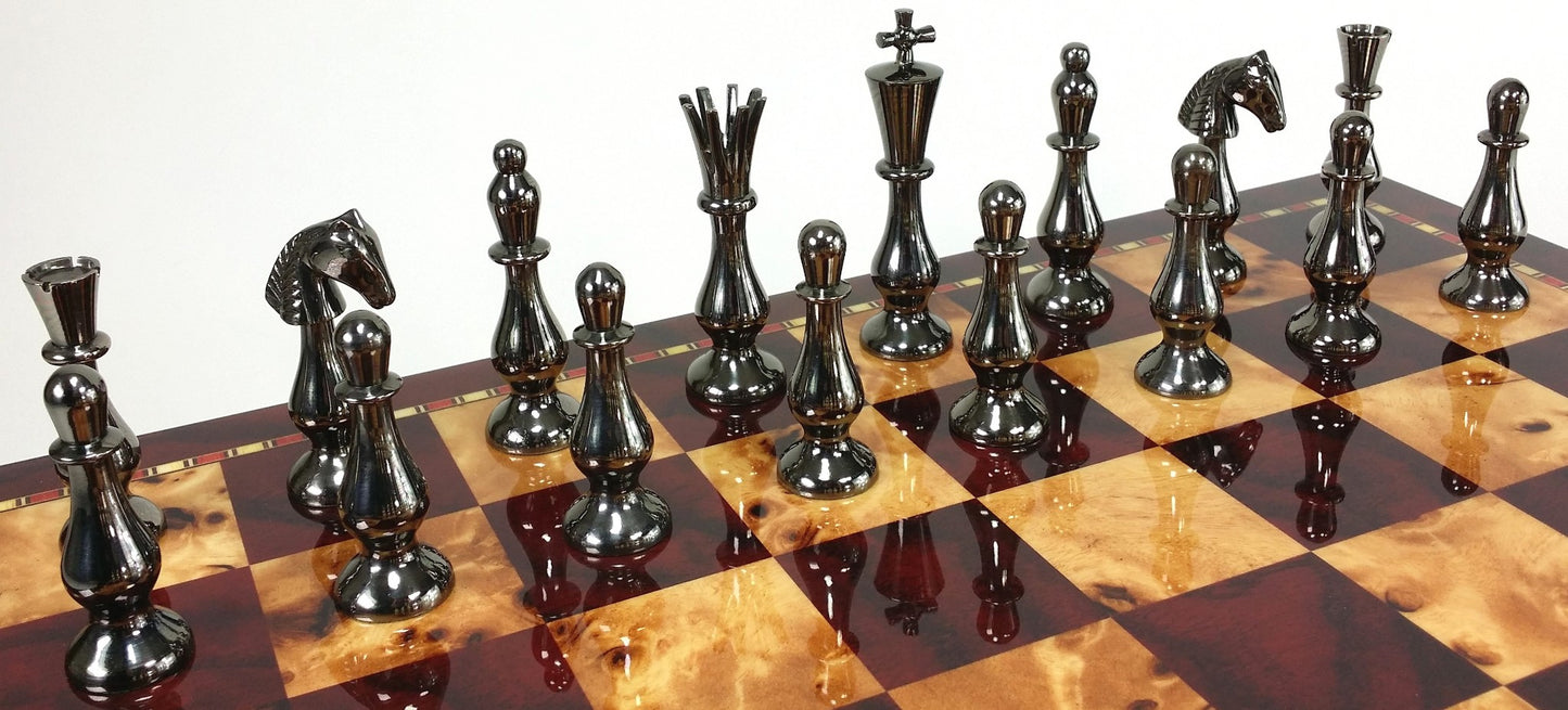 Brass Metal Spiked Qn Staunton Chess Set Gold & Black W/ 18" Cherry Color Board