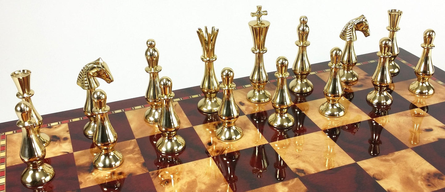 Brass Metal Spiked Qn Staunton Chess Set Gold & Black W/ 18" Cherry Color Board